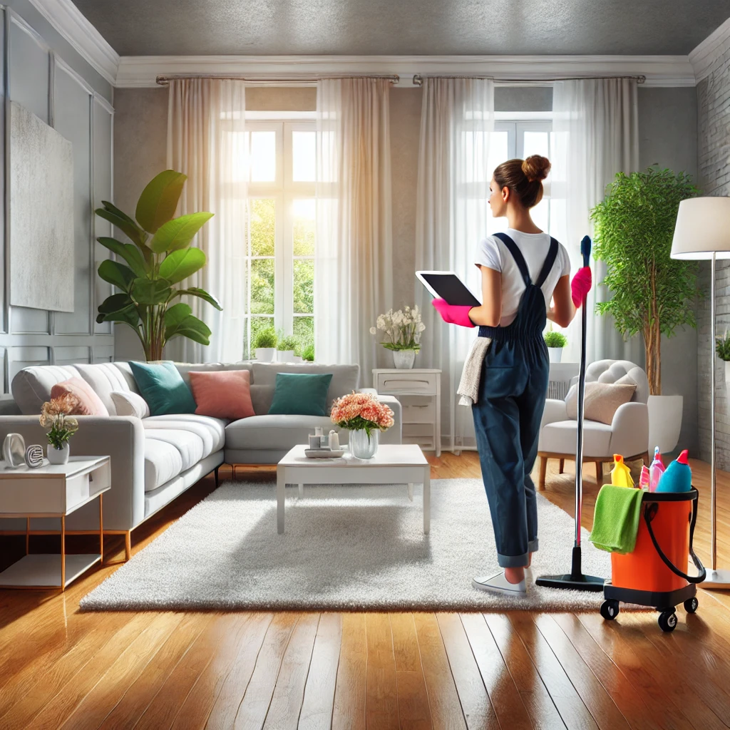 A sparkling clean and modern living room with polished wooden floors, pristine white walls, natural light from large windows, and a professional cleaner in uniform holding cleaning equipment.