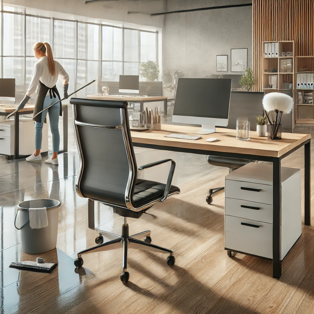 Un espacio de oficina limpio y bien organizado con muebles modernos, un escritorio elegante, una silla ergonómica y un gran ventanal que deja entrar luz natural, mientras un profesional de limpieza limpia superficies en el fondo.